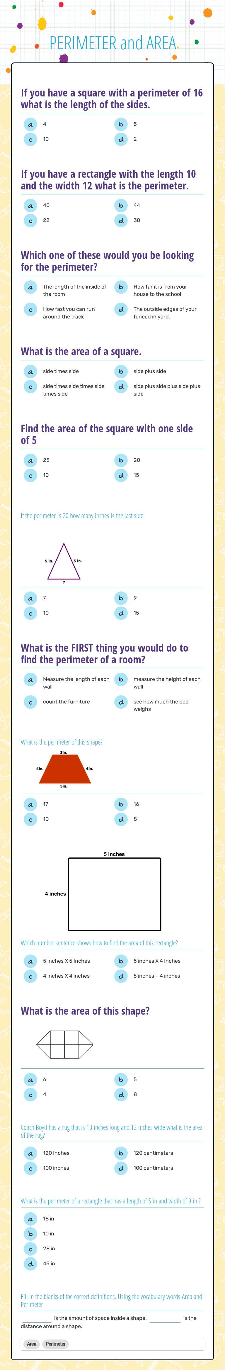 PERIMETER and AREA Grade 3 worksheet preview