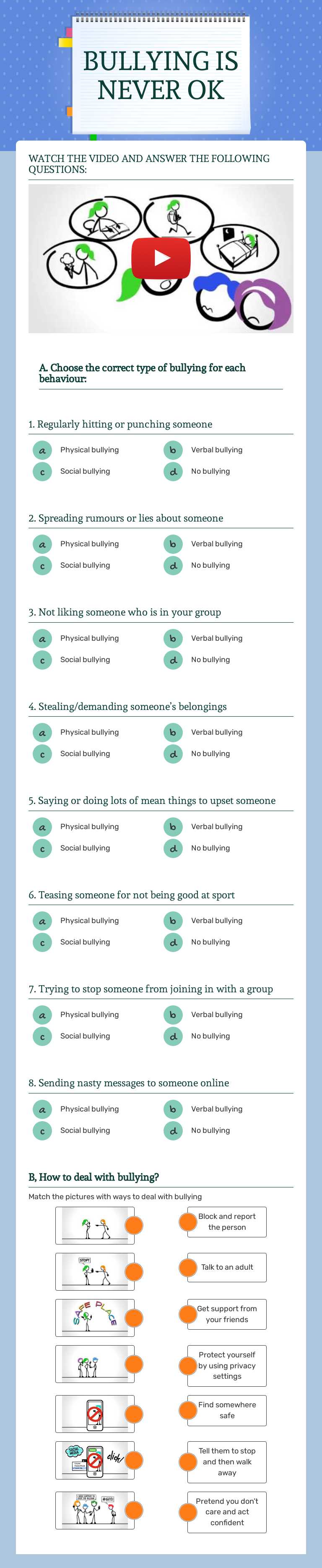 BULLYING IS NEVER OK worksheet preview image