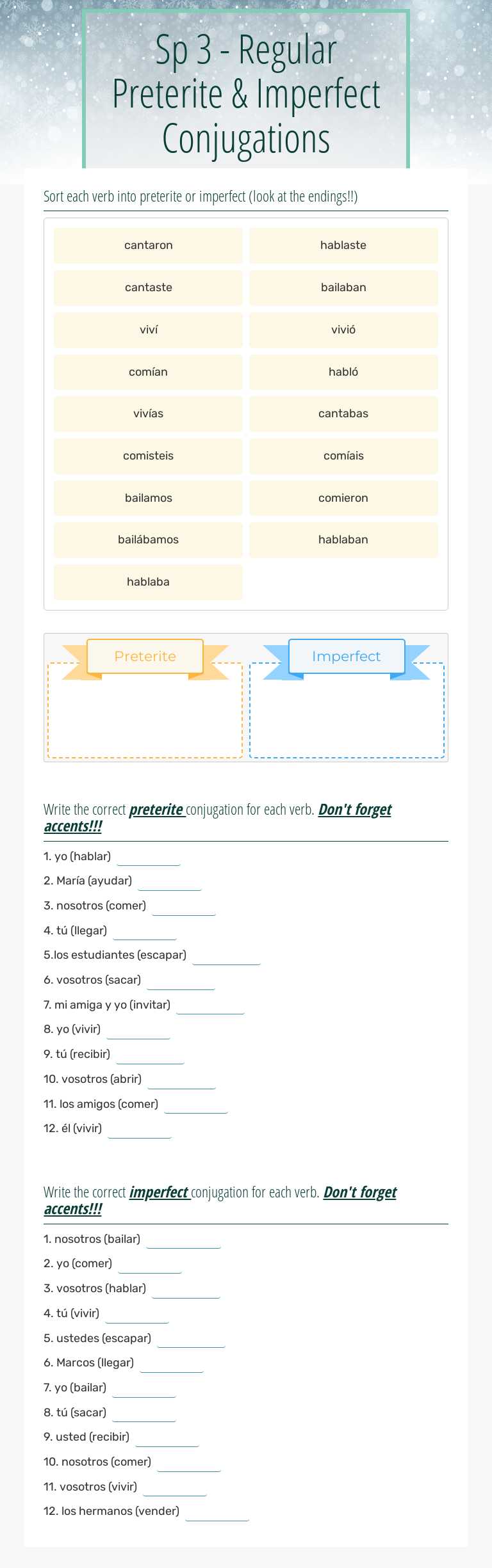 Sp 3 - Regular Preterite & Imperfect Conjugations worksheet preview image