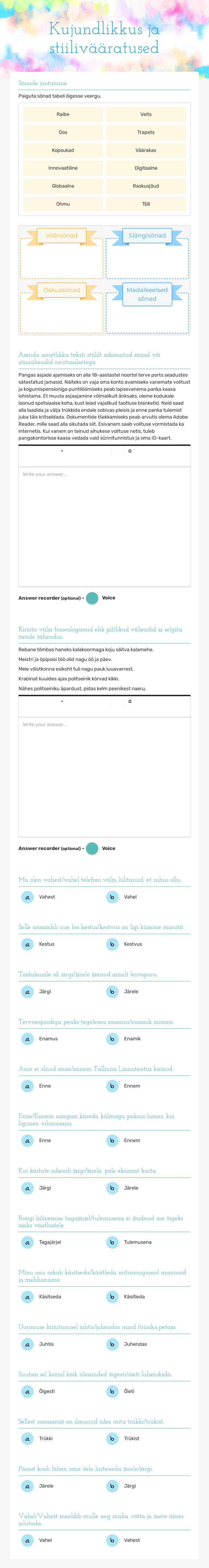 Kujundlikkus ja stiilivääratused worksheet preview image