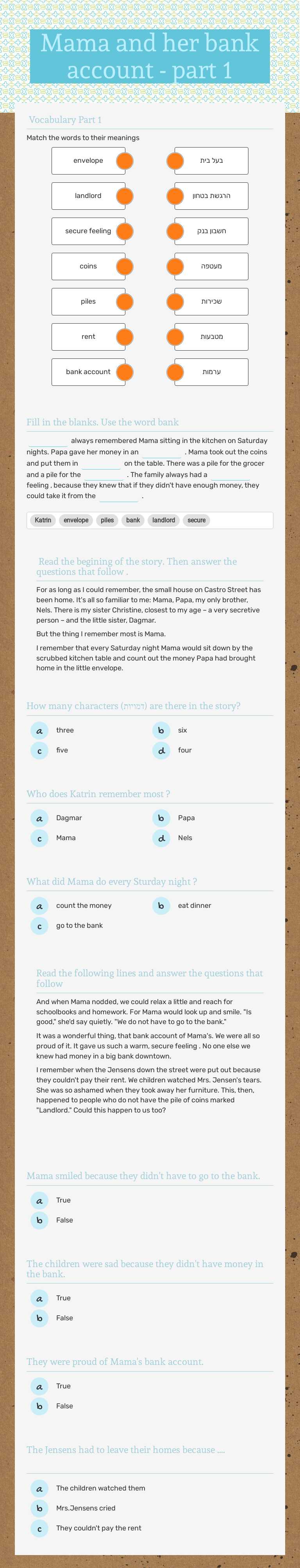 Mama and her bank account - part 1 worksheet preview image