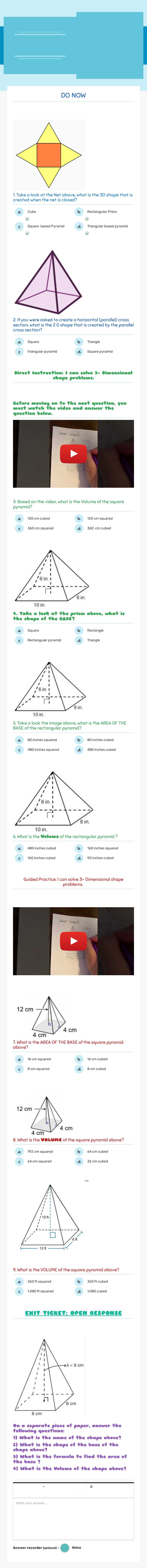 Volume of A Pyramid #1 worksheet preview image