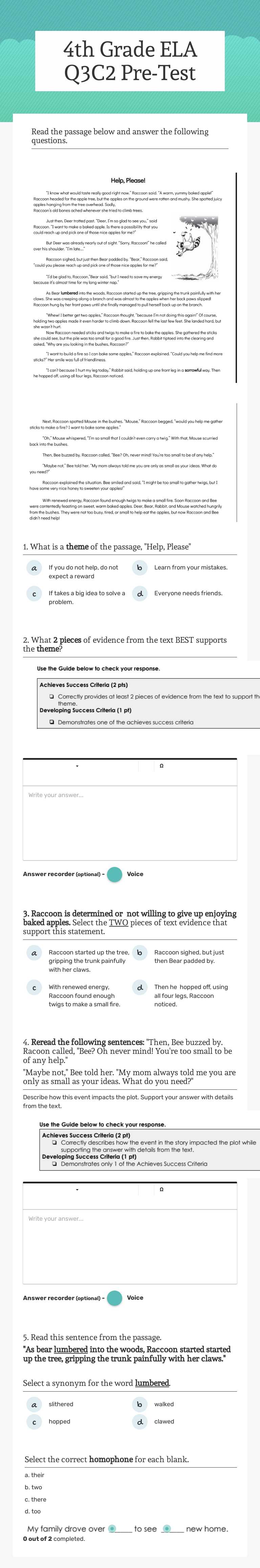 4th Grade ELA Q3C2 Pre-Test worksheet preview image