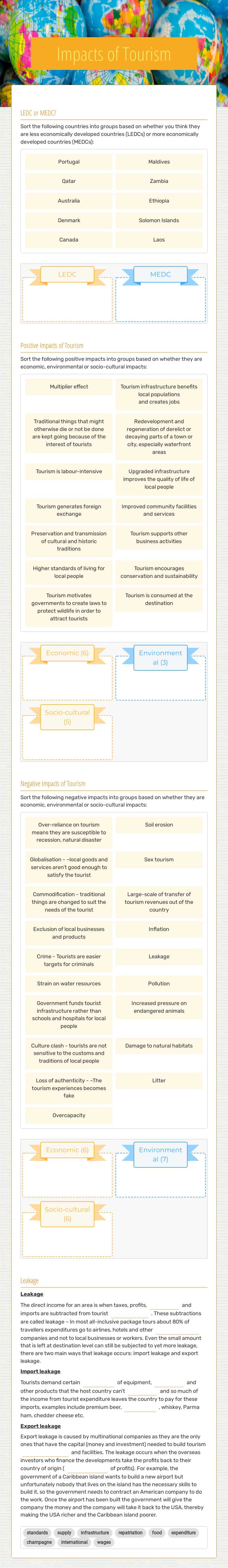 Impacts of Tourism worksheet preview