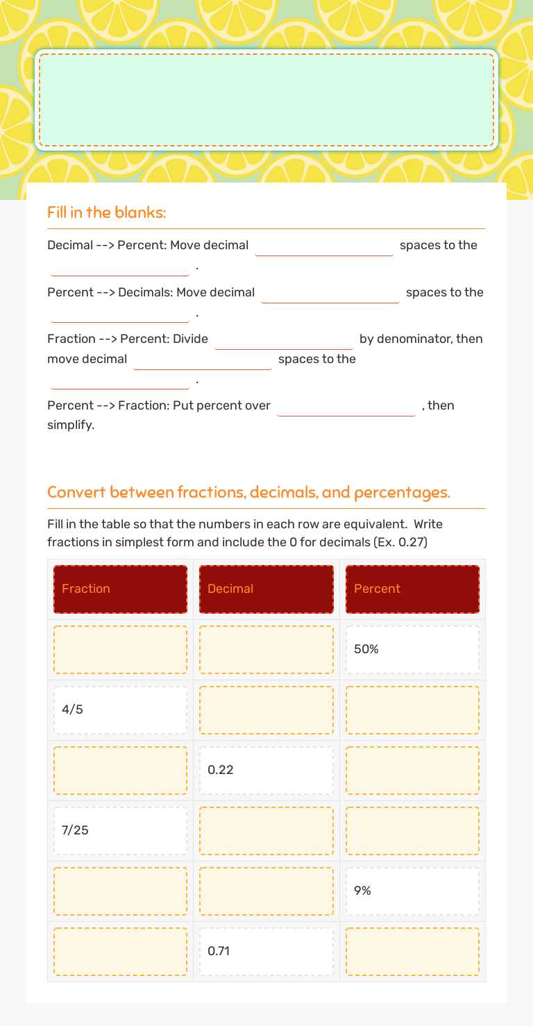 Decimals, Fractions, and Percentages Practice Grade 6 worksheet preview