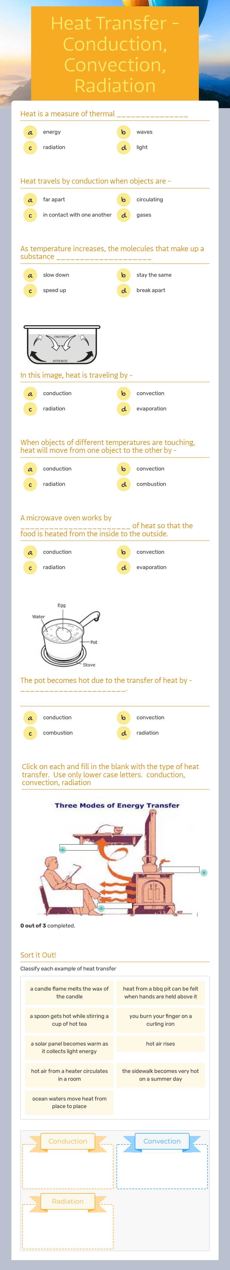 Heat Transfer - Conduction, Convection, Radiation worksheet preview image
