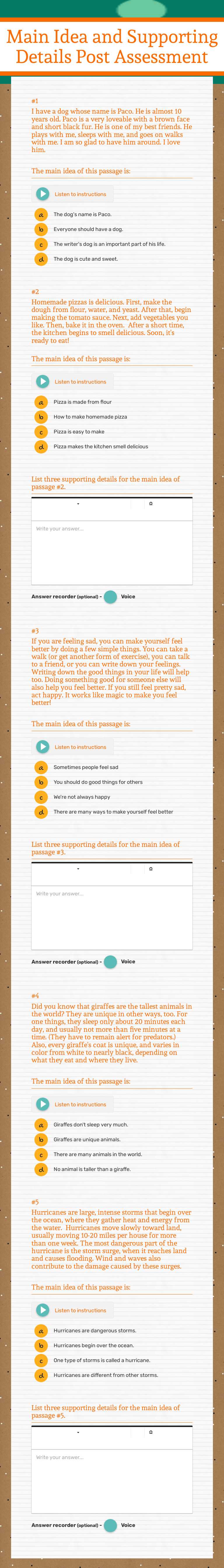 Main Idea and Supporting Details Post Assessment Grade 8 worksheet preview