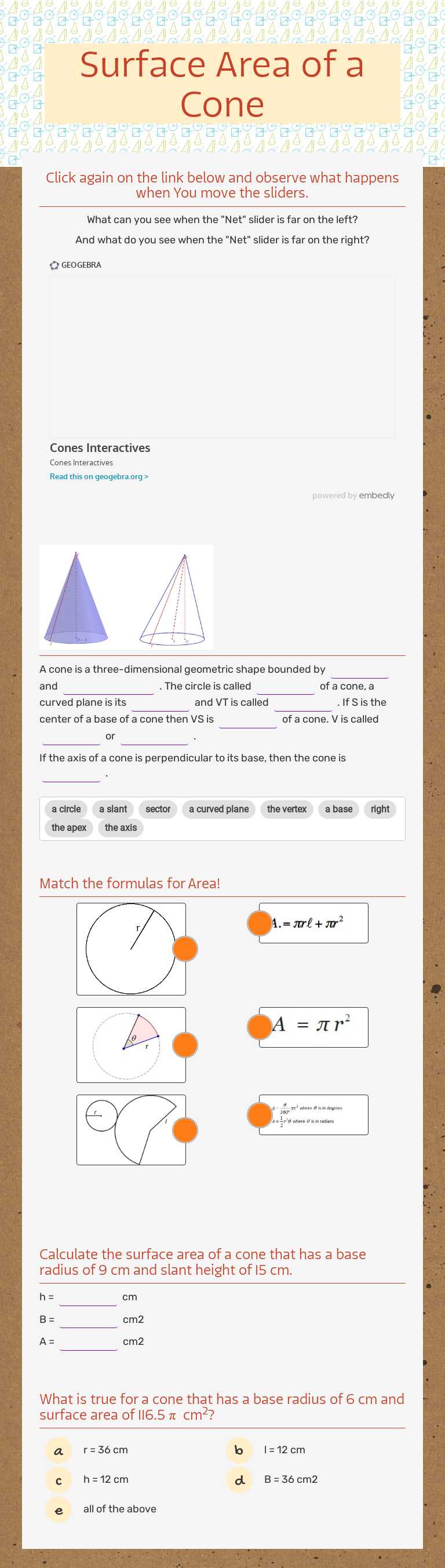 Surface Area of a Cone worksheet preview image