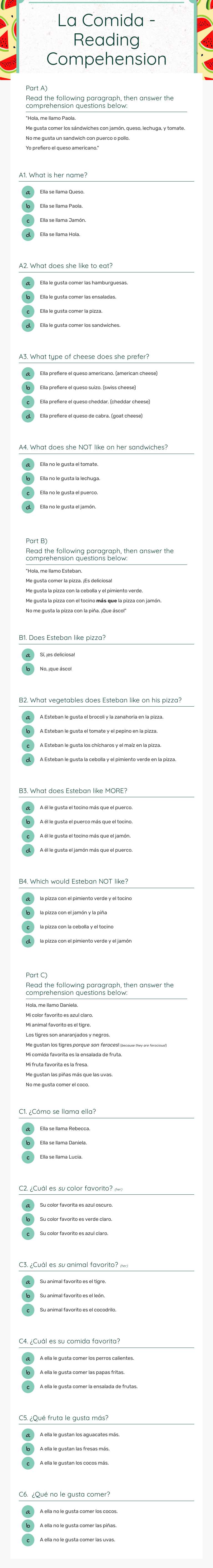 La Comida - Reading Compehension worksheet preview image