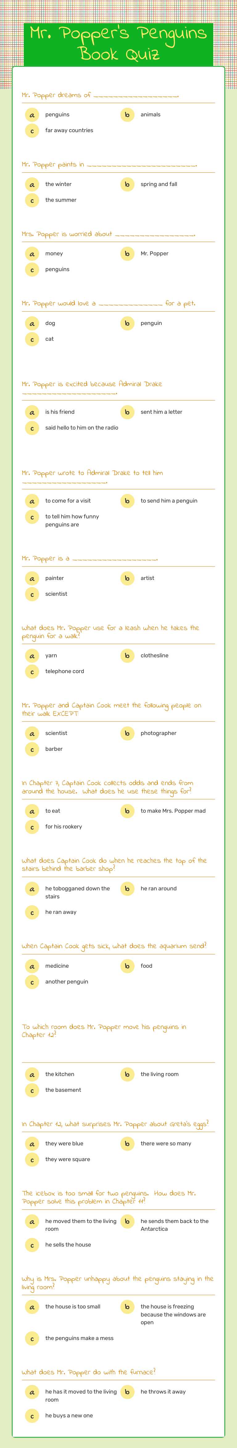 Mr. Popper's Penguins Book Quiz worksheet preview image
