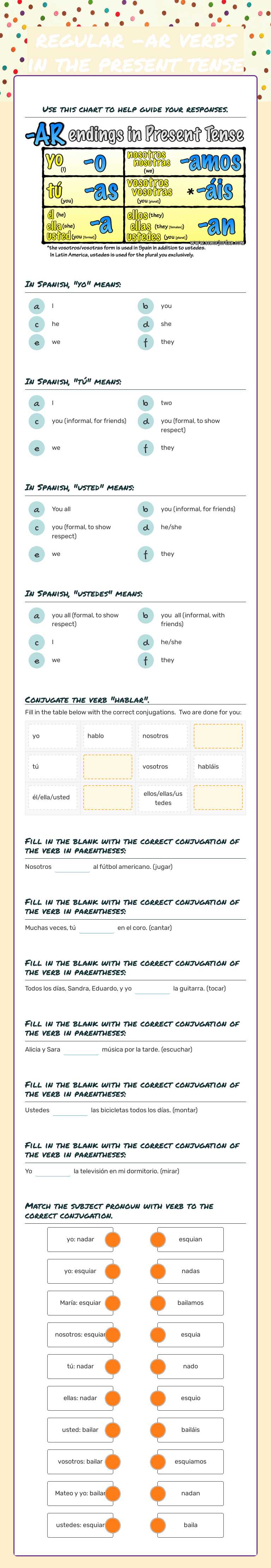 regular -ar verbs in the present tense worksheet preview image