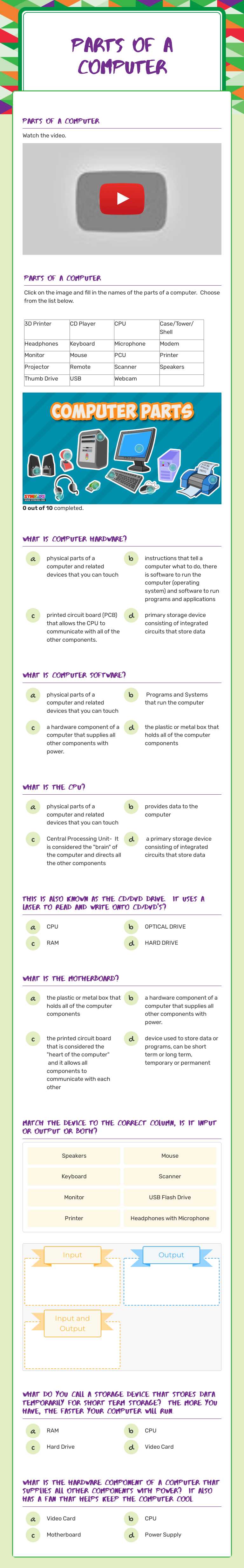 Parts of a Computer worksheet preview image