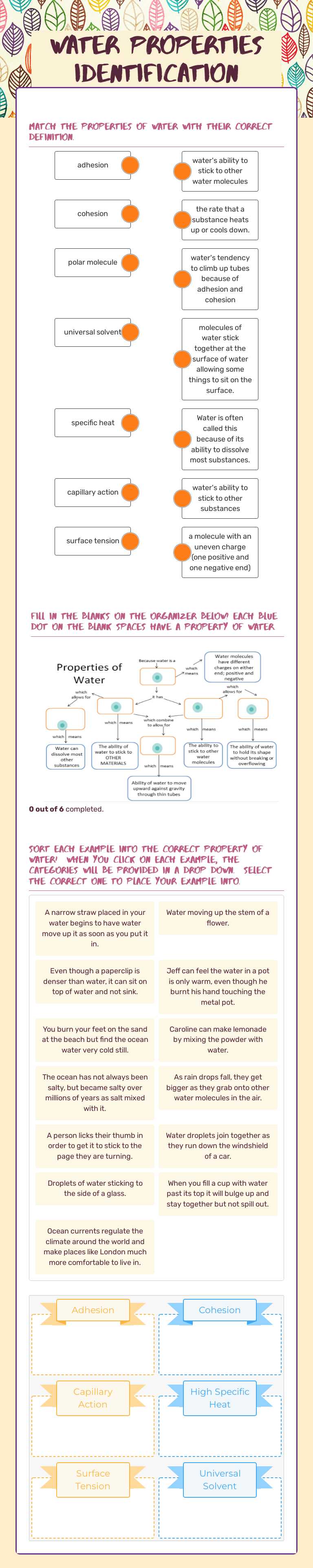 Water Properties Identification Grade 8 worksheet preview