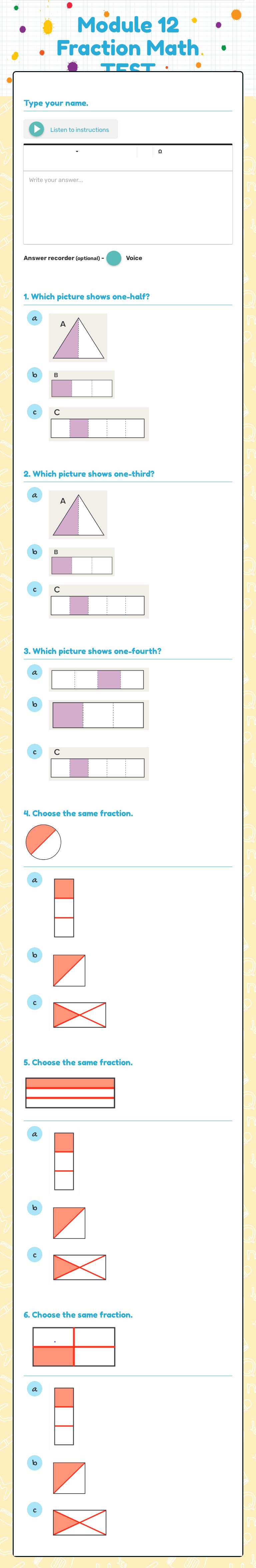 Module 12 Fraction Math TEST worksheet preview image