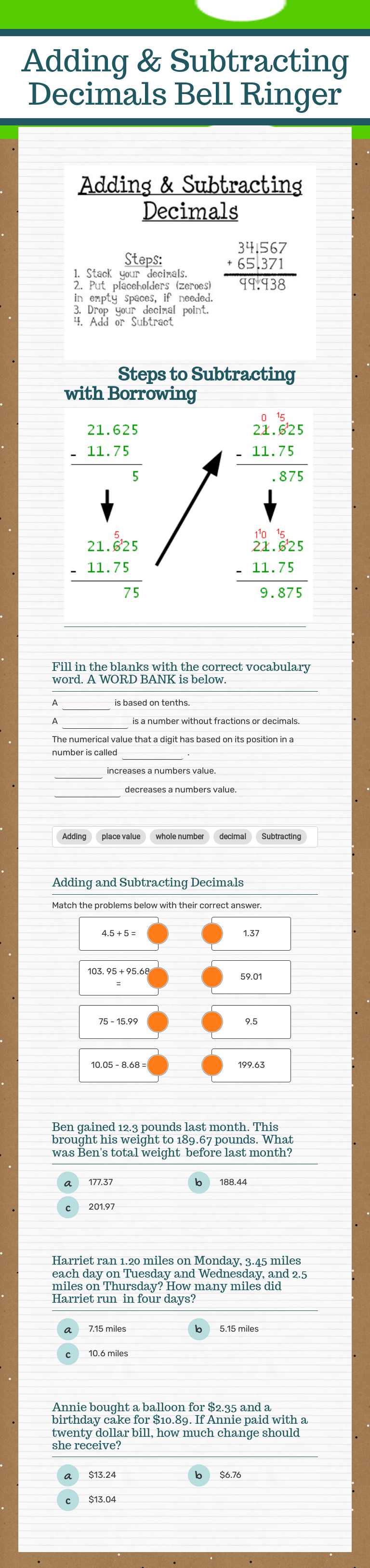 Adding & Subtracting Decimals     Bell Ringer Grade 6 worksheet preview