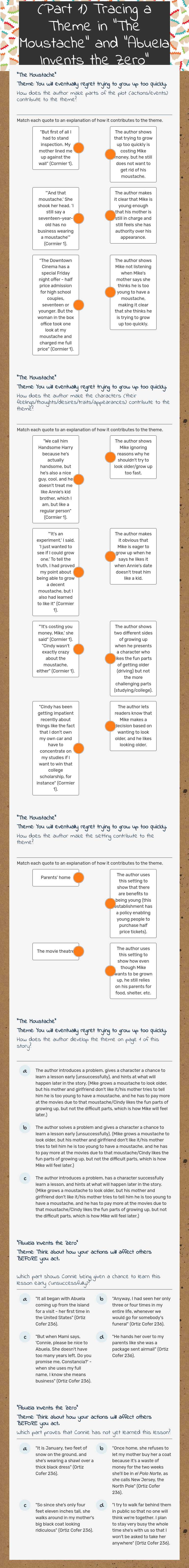 (Part 1) Tracing a Theme in "The Moustache" and "Abuela Invents the Zero" worksheet preview image