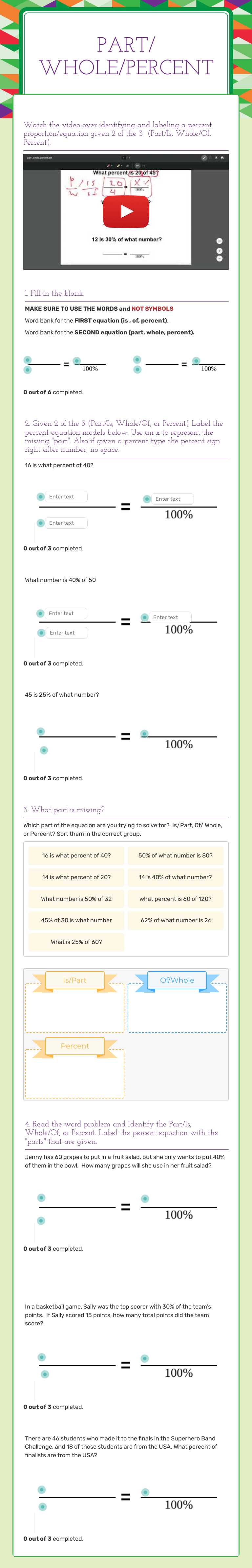Part/ whole/percent Grade 6 worksheet preview