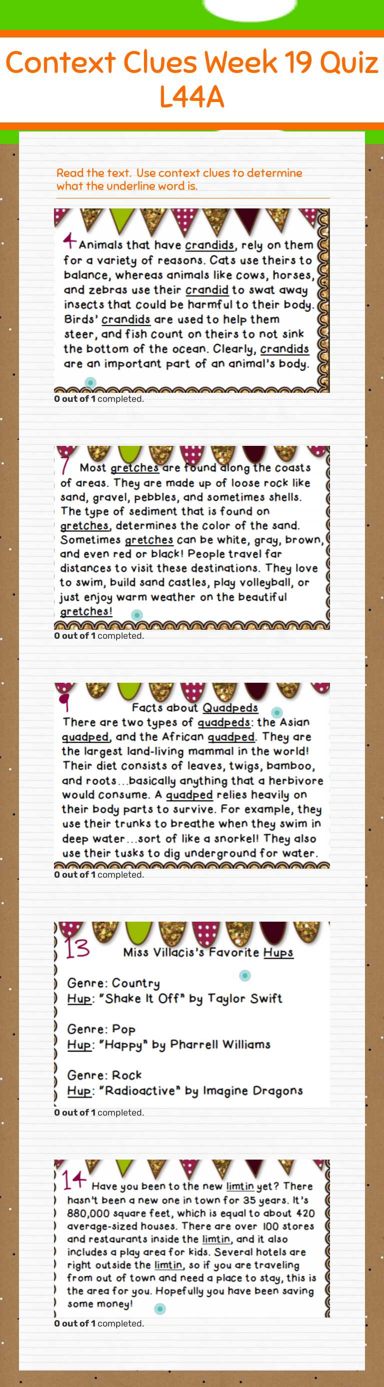 Context Clues Week 19 Quiz L44A worksheet preview image