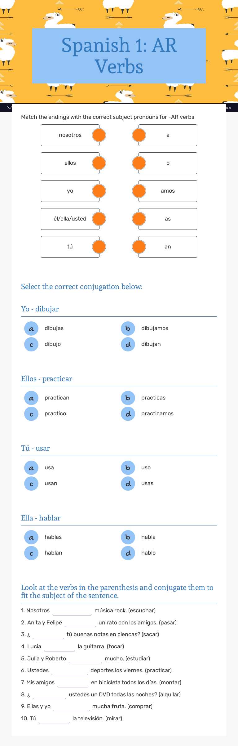 Spanish 1: AR Verbs worksheet preview image