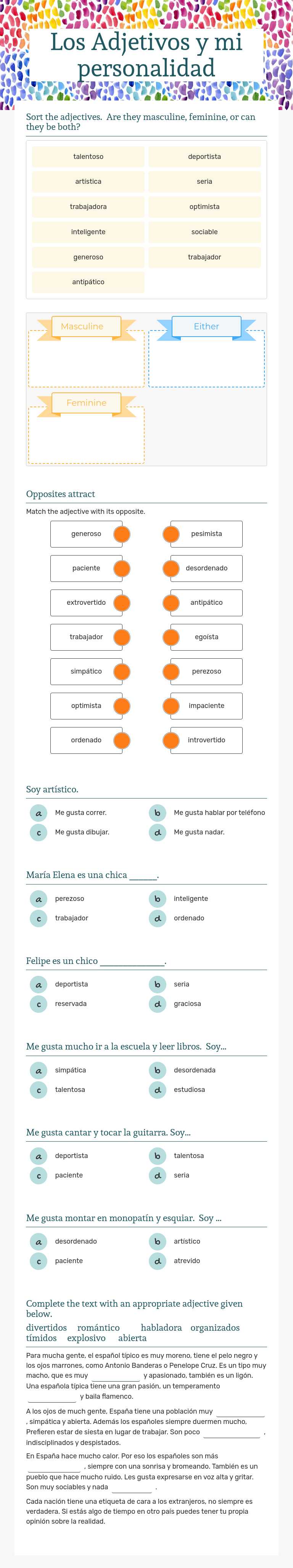 Los Adjetivos y mi personalidad worksheet preview image