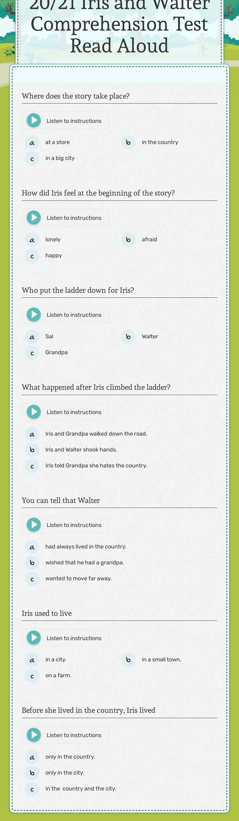 20/21 Iris and Walter Comprehension Test Read Aloud worksheet preview image