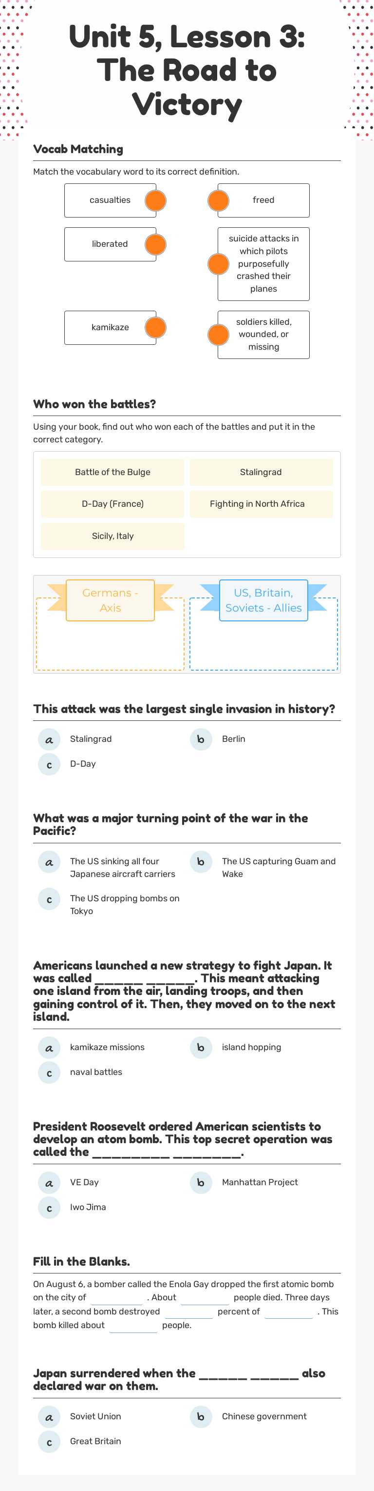 Unit 5, Lesson 3: The Road to Victory worksheet preview image