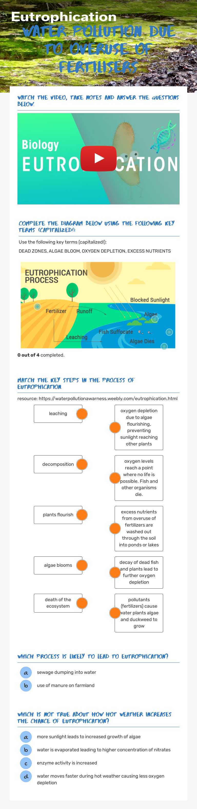 water pollution due to overuse of fertilisers worksheet preview image
