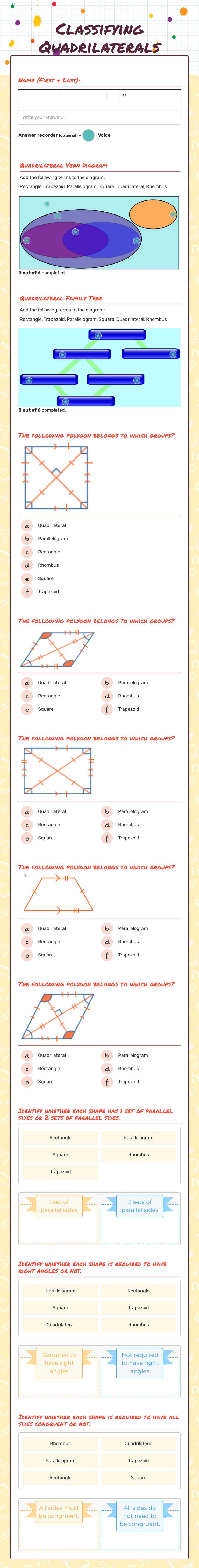 Classifying Quadrilaterals worksheet preview image