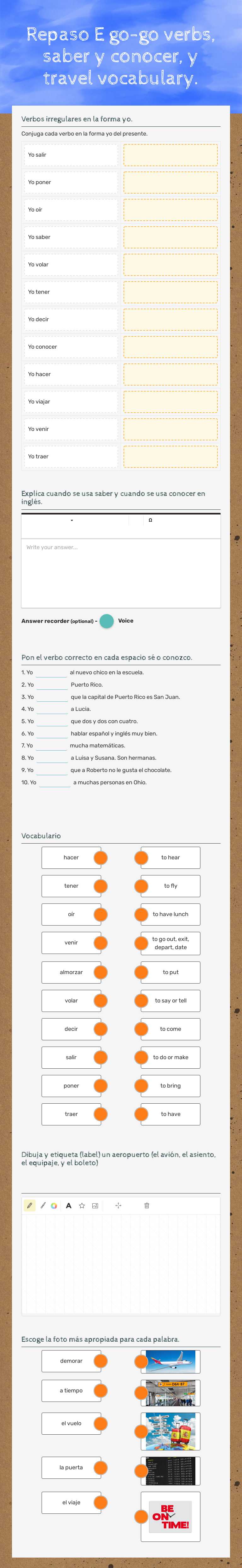 Repaso E  go-go verbs, saber y conocer, y travel vocabulary. Grade 10 worksheet preview