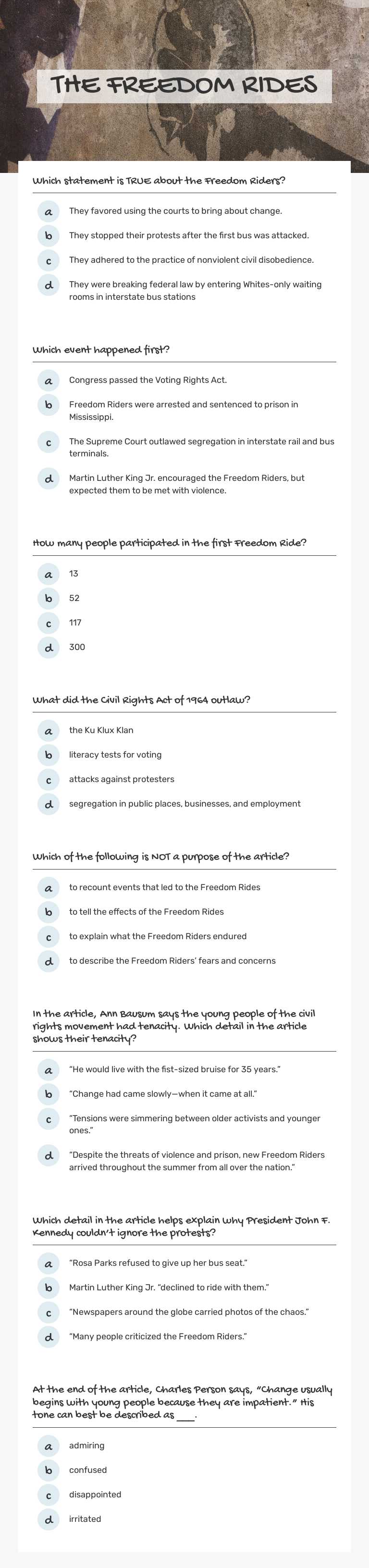 THE FREEDOM RIDES worksheet preview image