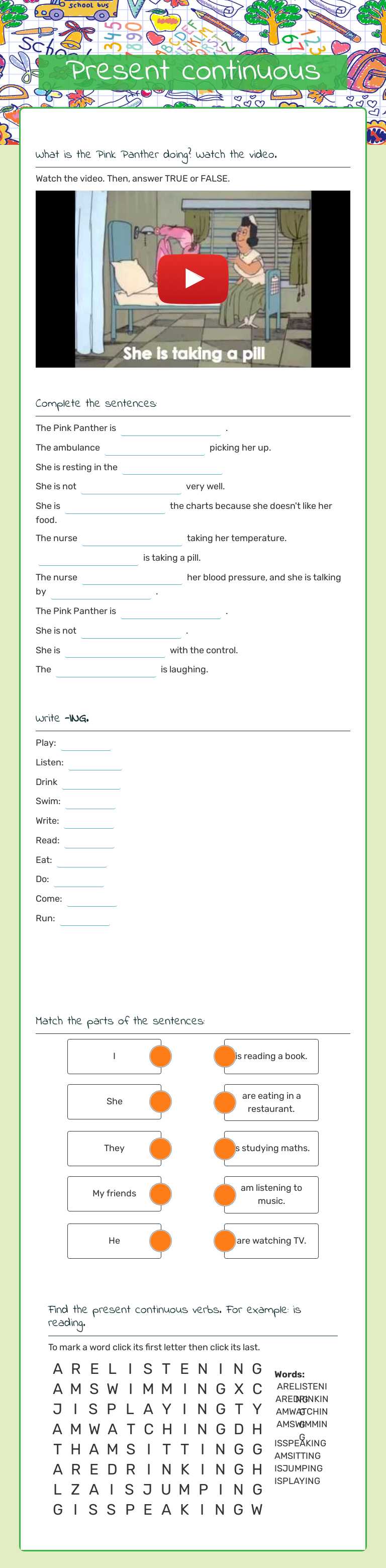 Present continuous worksheet preview image
