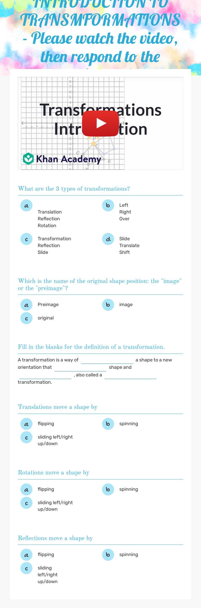 INTRODUCTION TO TRANSMFORMATIONS - Please watch the video, then respond to the questions below worksheet preview image