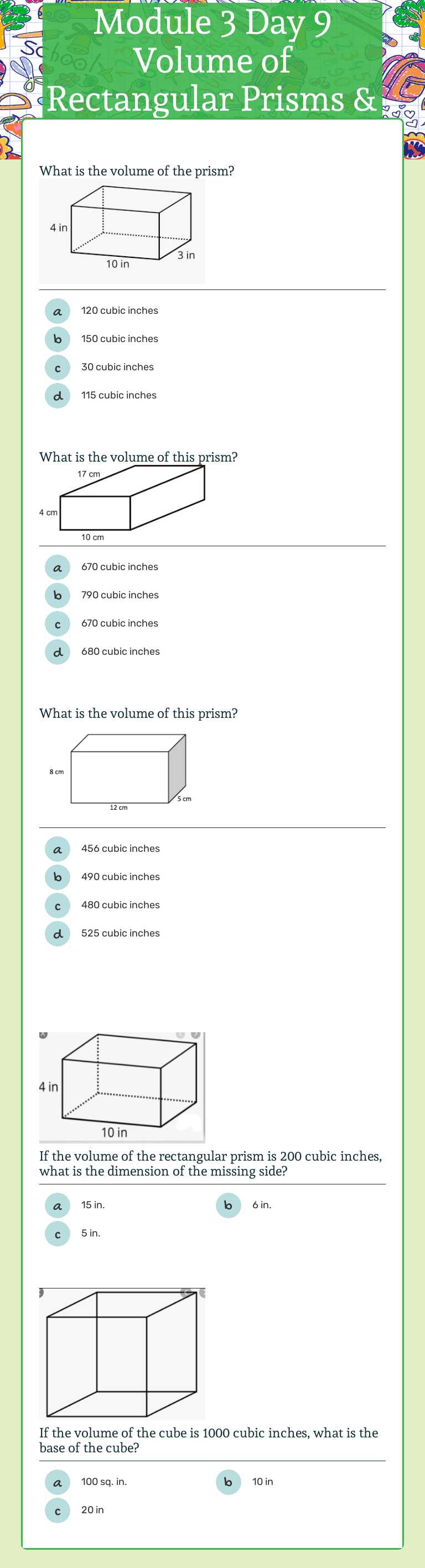 Module 3 Day 9 Volume of Rectangular Prisms & Cubes Grade 5 worksheet preview