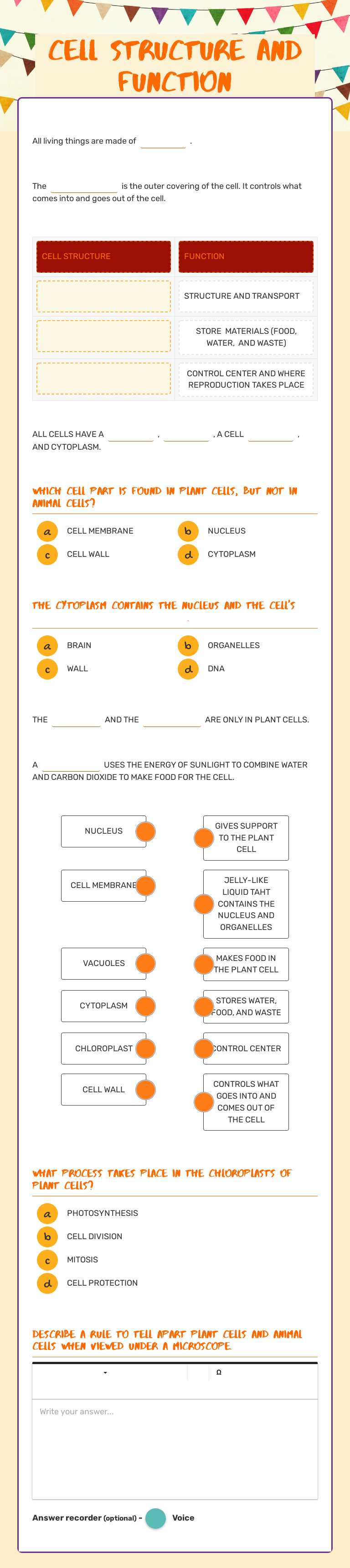 Cell Structure and Function worksheet preview