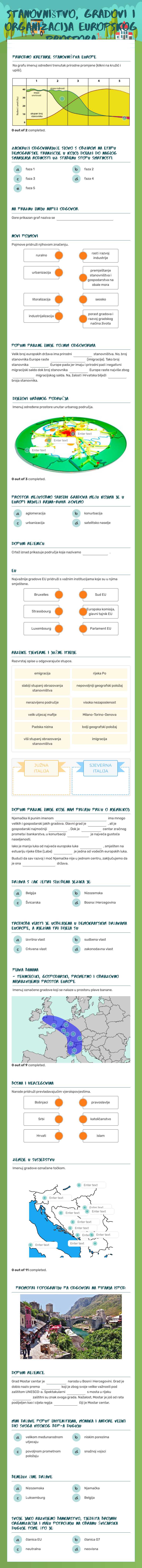 stanovništvo, gradovi i organizacija europskog prostora worksheet preview image