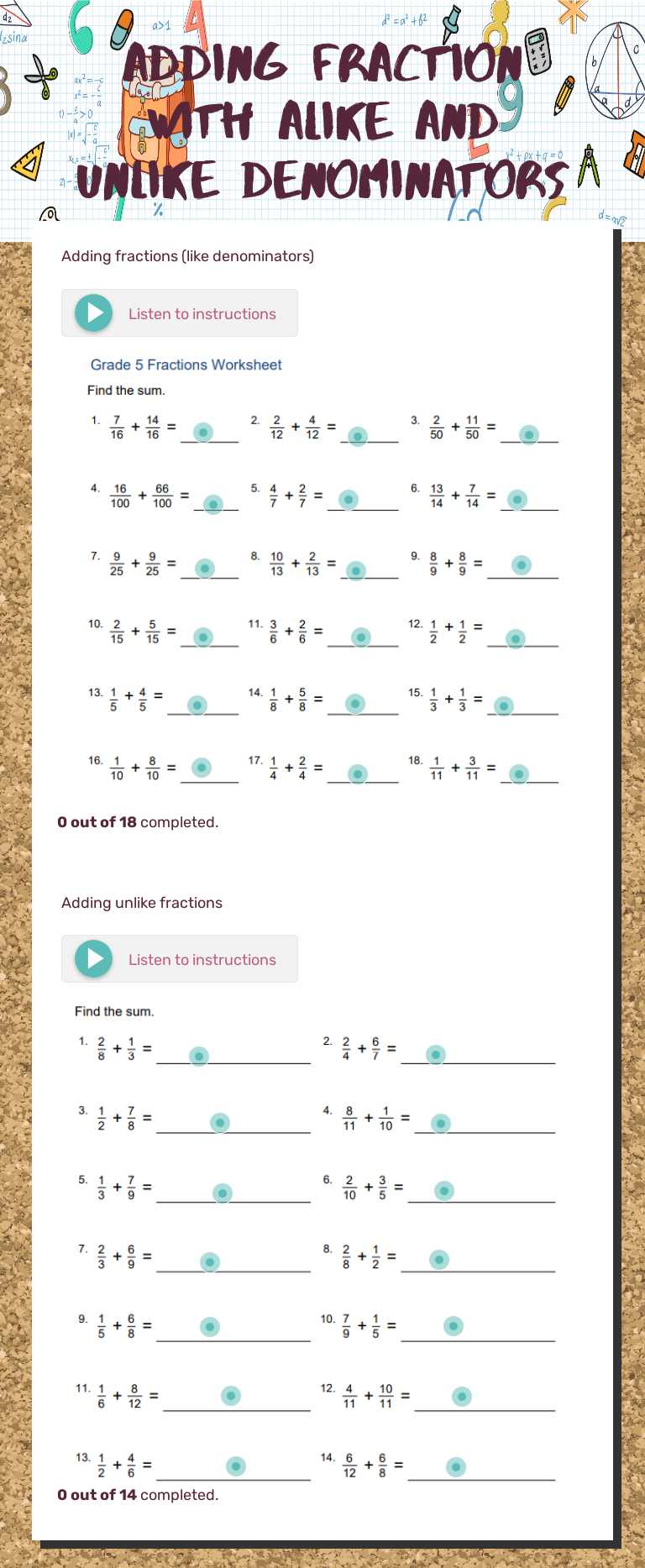 Adding Fraction with alike and unlike denominators worksheet preview image