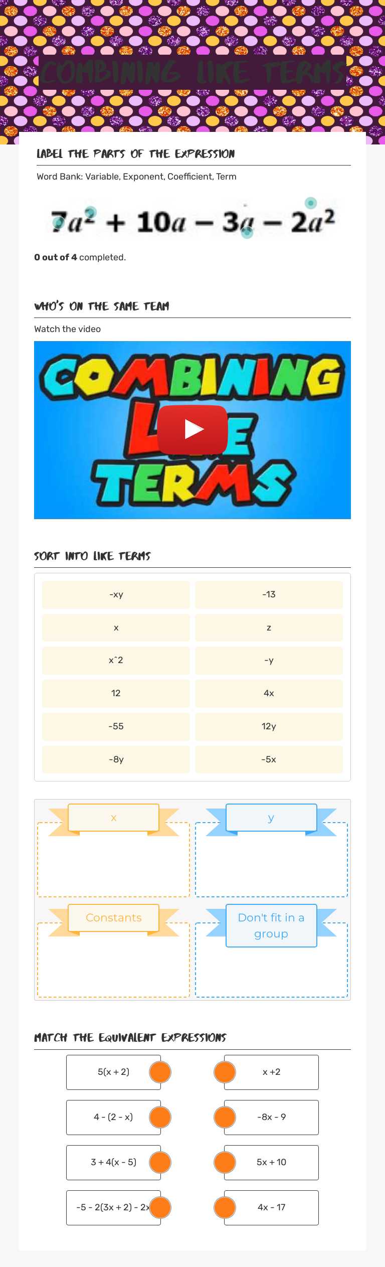 Combining Like Terms Grade 8 worksheet preview