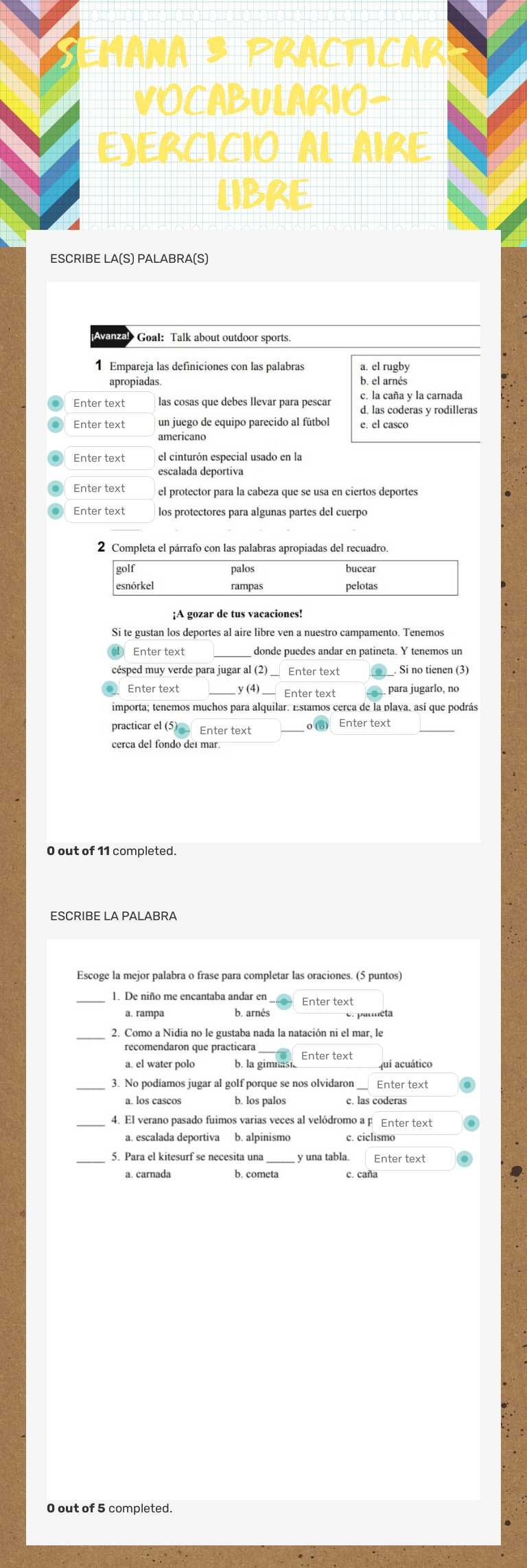SEMANA 3 PRACTICAR-VOCABULARIO-EJERCICIO AL AIRE LIBRE Grade 10 worksheet preview