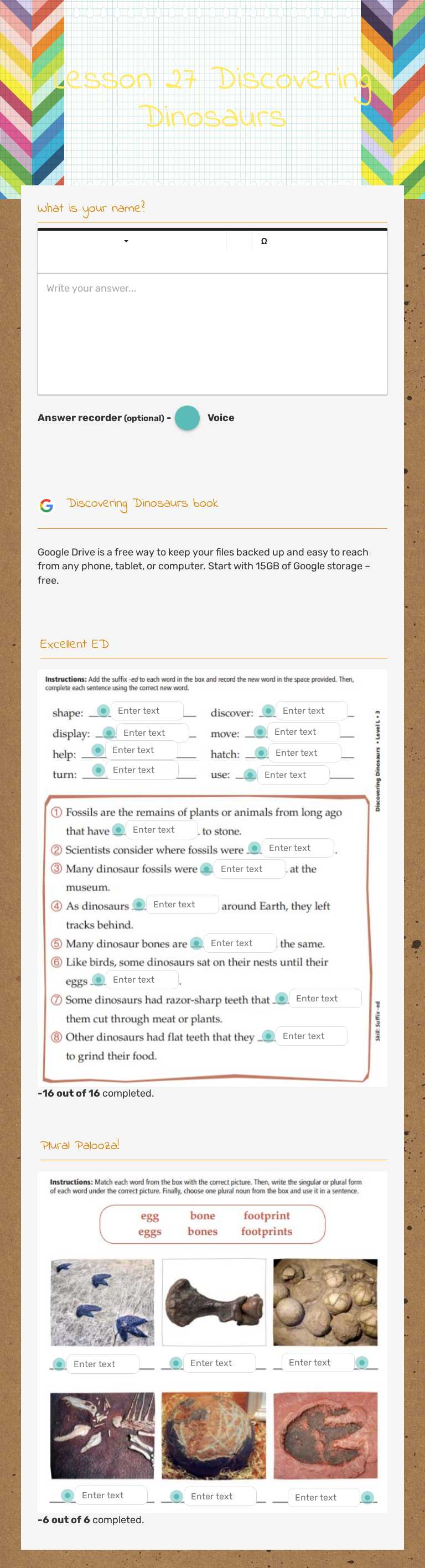 Lesson 27 Discovering Dinosaurs worksheet preview image