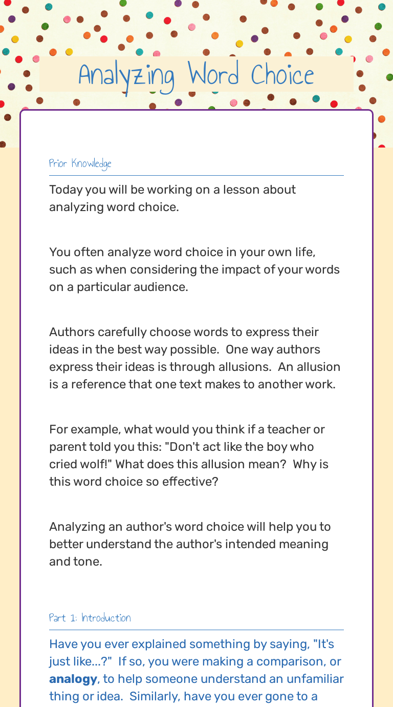 Analyzing Word Choice | Interactive Worksheet by White, Morris | Wizer.me