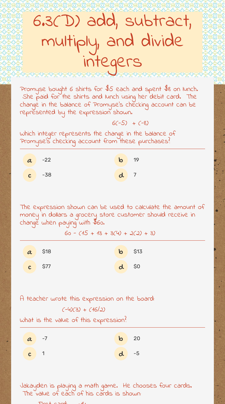 6.3(D) add, subtract, multiply, and divide integers Grade 6 worksheet preview