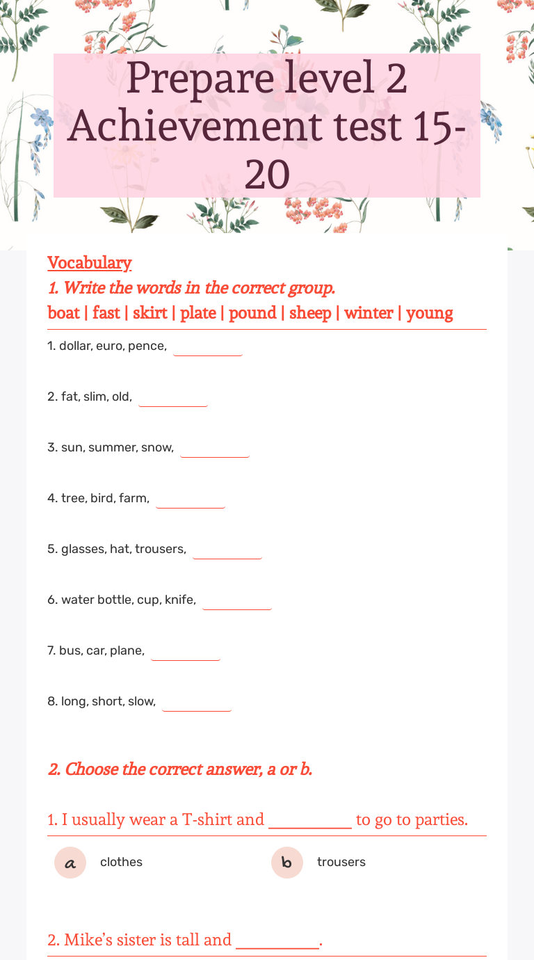 Prepare level 2 
Achievement test 15-20 worksheet preview
