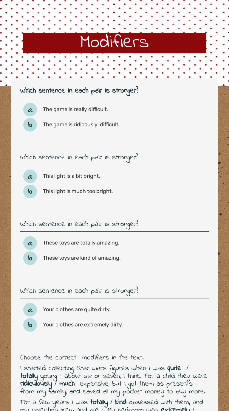 Modifiers worksheet preview image