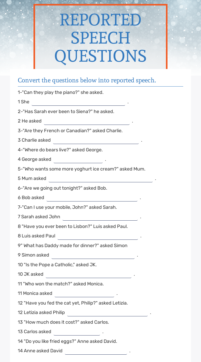 REPORTED SPEECH QUESTIONS by Liia Herta | Interactive Worksheet | Wizer.me