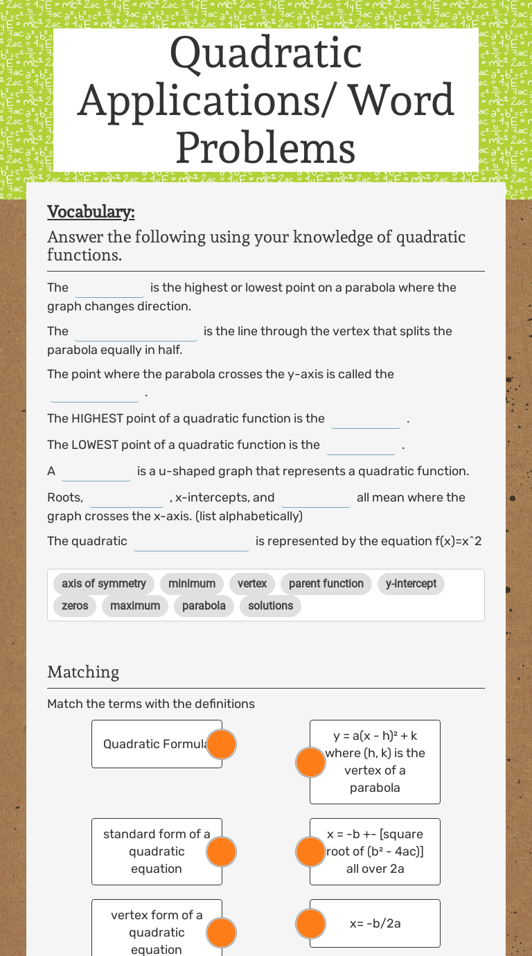 Quadratic Applications/ Word Problems  Interactive Worksheet by With Quadratic Word Problems Worksheet