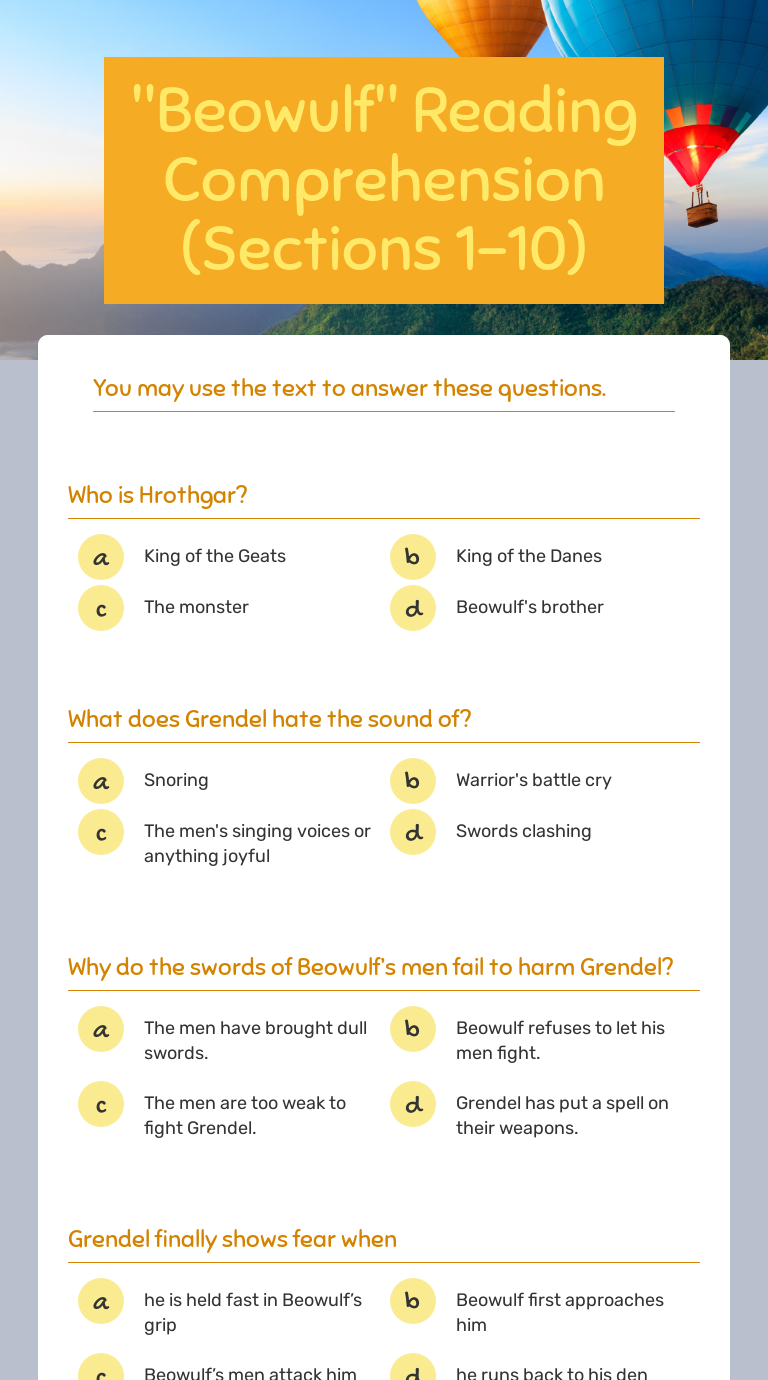 "Beowulf" Reading Comprehension (Sections 1-10) | Interactive Worksheet ...