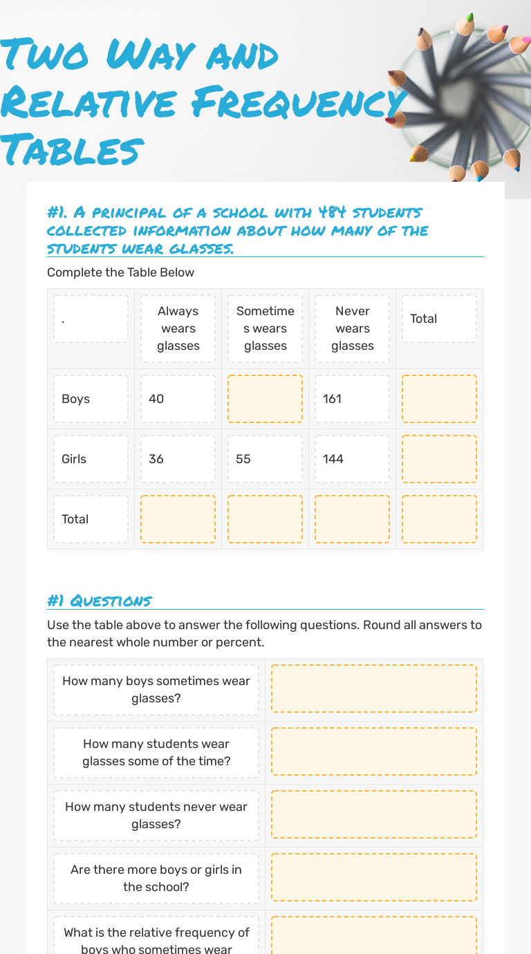 Two Way and Relative Frequency Tables  Interactive Worksheet In Two Way Frequency Table Worksheet