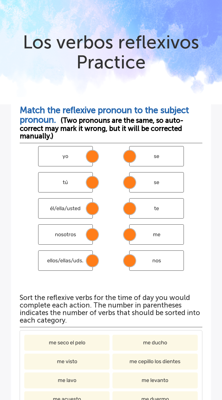 Los verbos reflexivos Practice Grade 12 worksheet preview