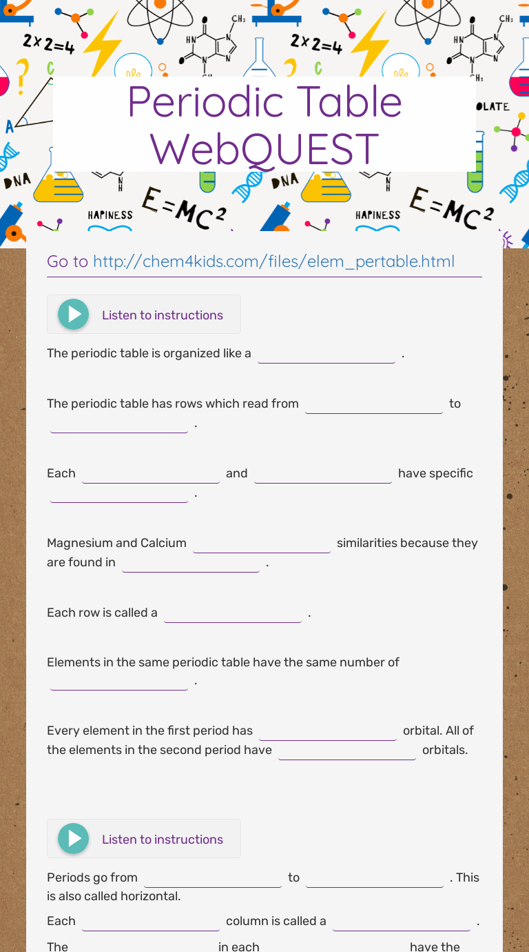Periodic Table Webquest Interactive Worksheet By Kathlyn Breen Wizerme