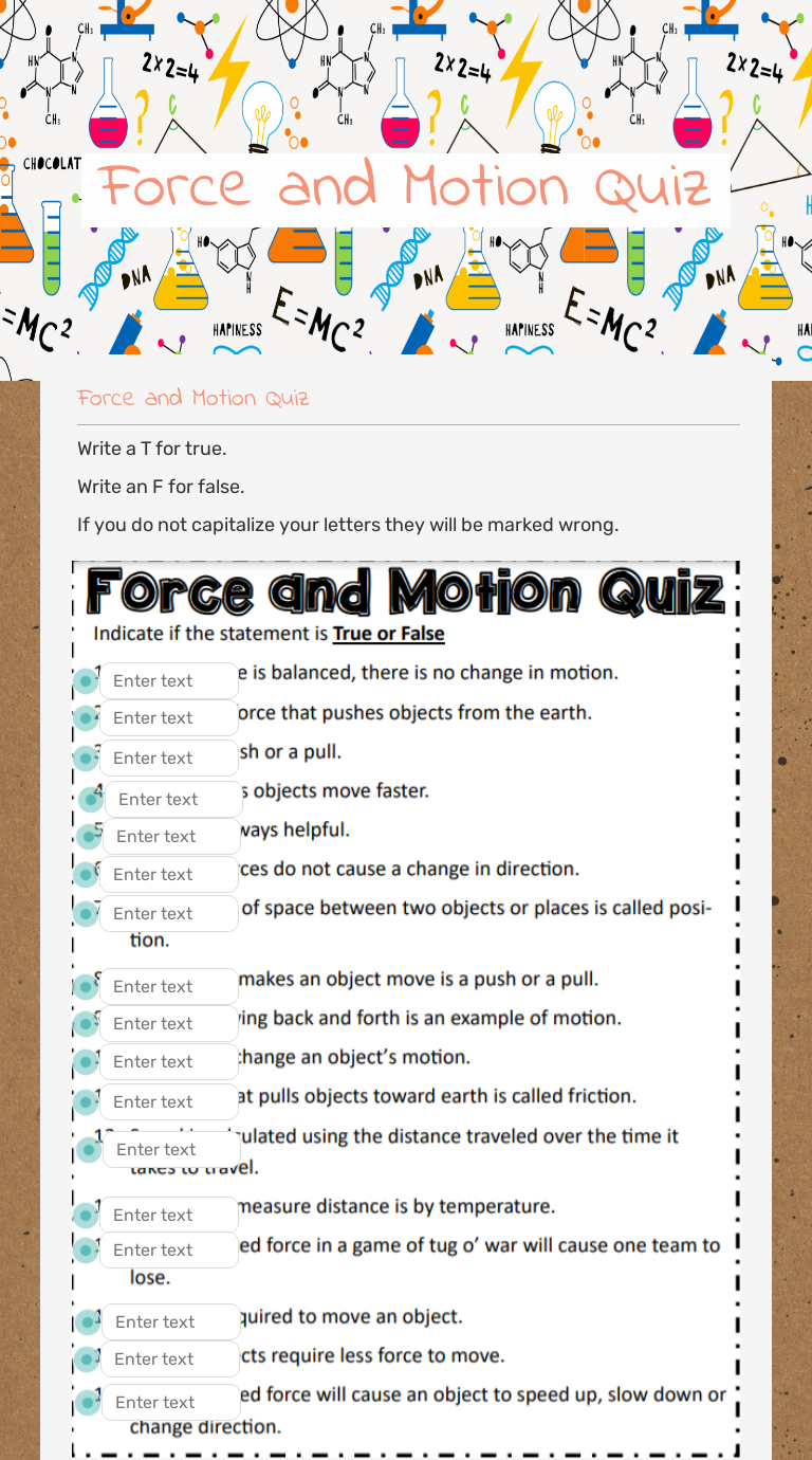 Force and Motion Quiz worksheet preview